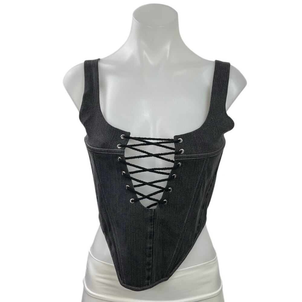 Maria Jovrea Black Lace Up Sleeveless Longline Corset Bustier Crop Top Size S